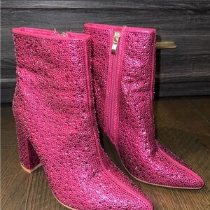 Pink Crystal Embellished Block Heel Ankle Boots